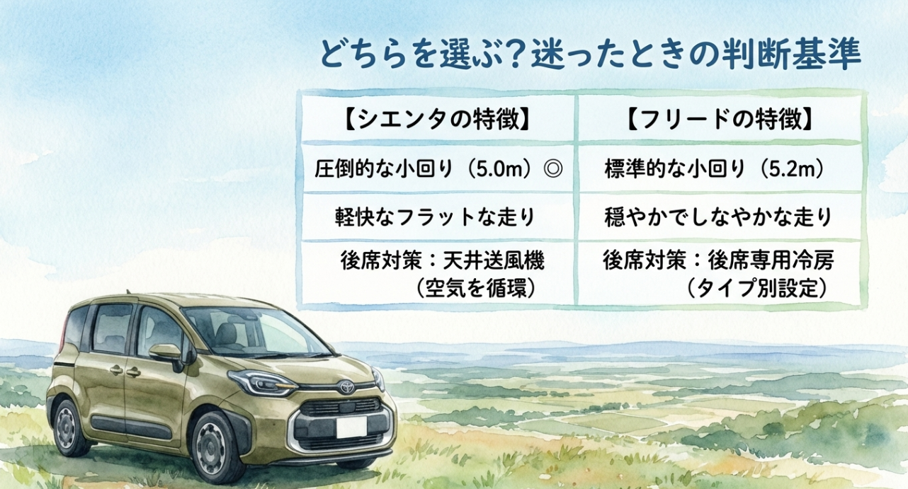 シエンタとフリードの違いを比較したスライド。小回り性能、乗り味、後席の暑さ対策の違いを一覧で示している