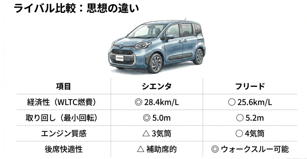 シエンタとフリードの違いを比較したスライド。燃費はシエンタ、小回りもシエンタ、エンジン質感と後席快適性はフリードが優位という構図を表で整理している