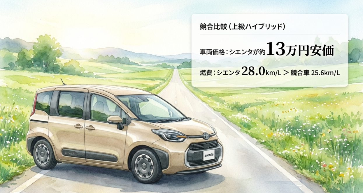 シエンタと競合ハイブリッド車の価格と燃費を比較し、シエンタが約13万円安く燃費も優位であることを示すスライド