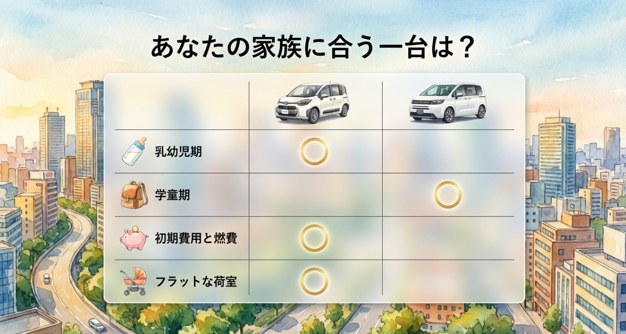シエンタとフリードの選び方を家族構成や用途別にまとめた比較表スライド。乳幼児期はシエンタ、学童期はフリードなどの適性を整理している