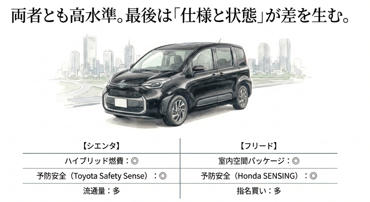 シエンタとフリードのリセール上の特徴を比較したスライド