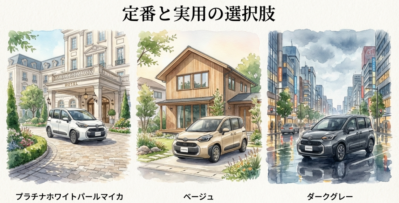 新型シエンタの定番色と実用色を比較するスライド。プラチナホワイトパールマイカ、ベージュ、ダークグレーの3色がそれぞれ異なる街並みや住宅背景で描かれている