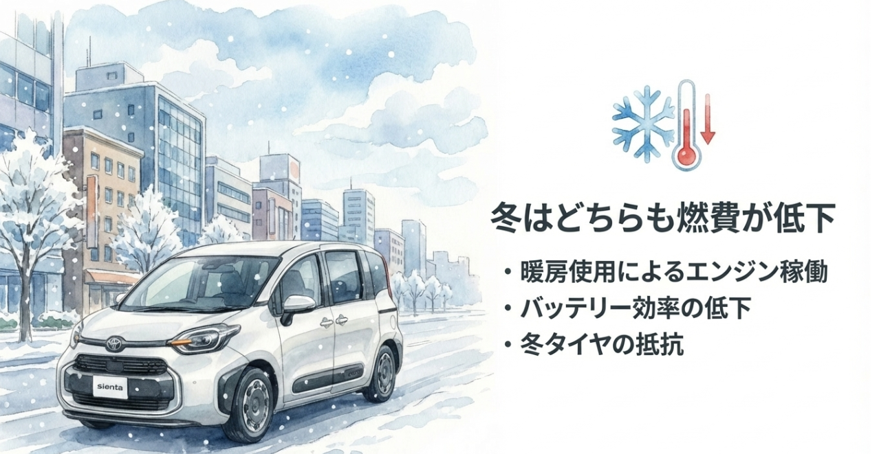 冬場はシエンタのガソリン車とハイブリッド車のどちらも燃費が低下しやすい理由を示したスライド