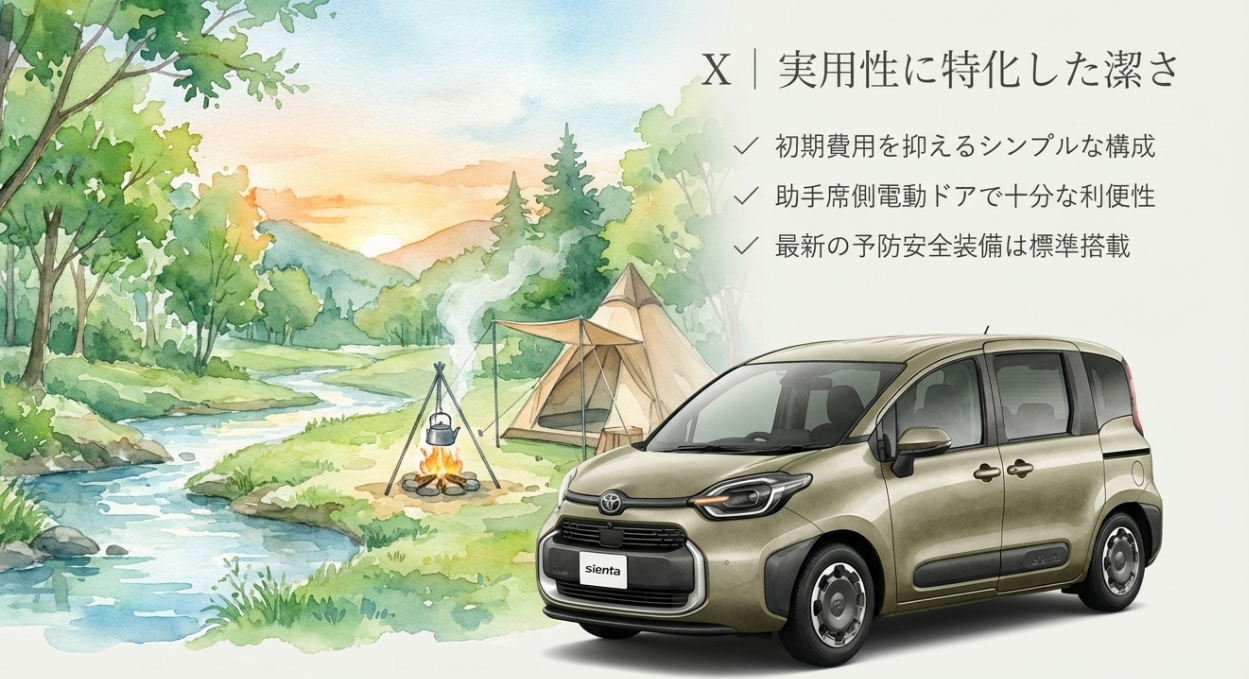 シエンタXグレードの特徴を紹介するスライド。初期費用を抑えやすく、助手席側電動スライドドアや基本的な安全装備を備えた実用重視のグレードであることを示す