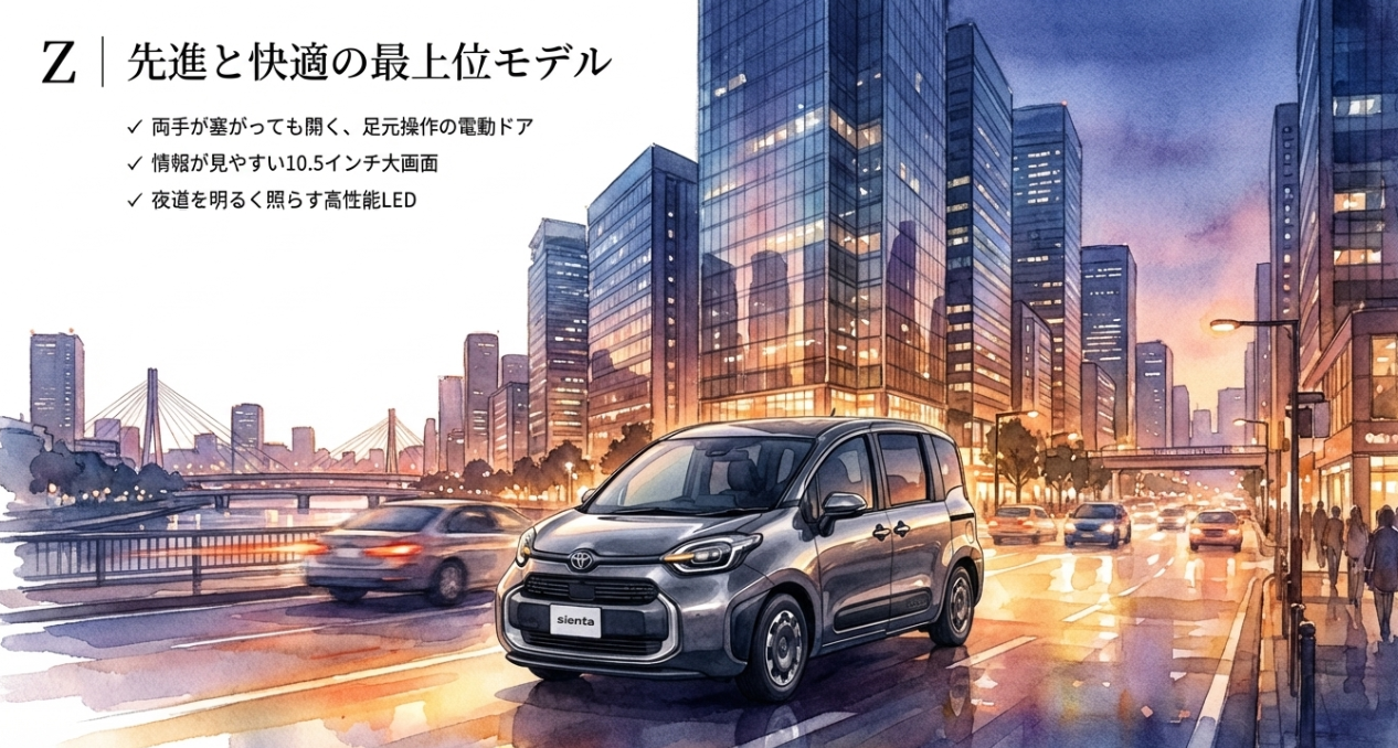 シエンタZグレードの特徴を紹介するスライド。足元操作対応の電動スライドドア、10.5インチディスプレイ、高性能LEDなど上級装備を備えた最上位グレードを示す