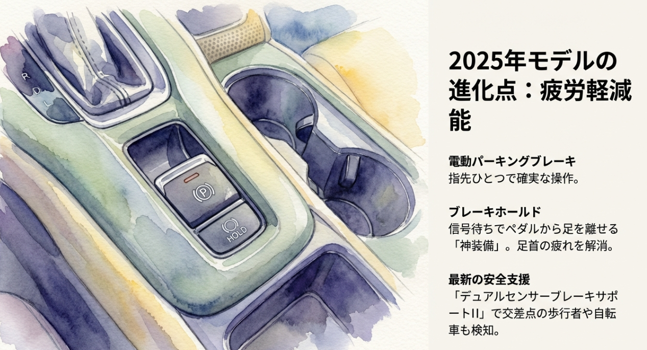 2025年モデルの進化点。電動パーキングブレーキやブレーキホールドなどの最新安全装備。