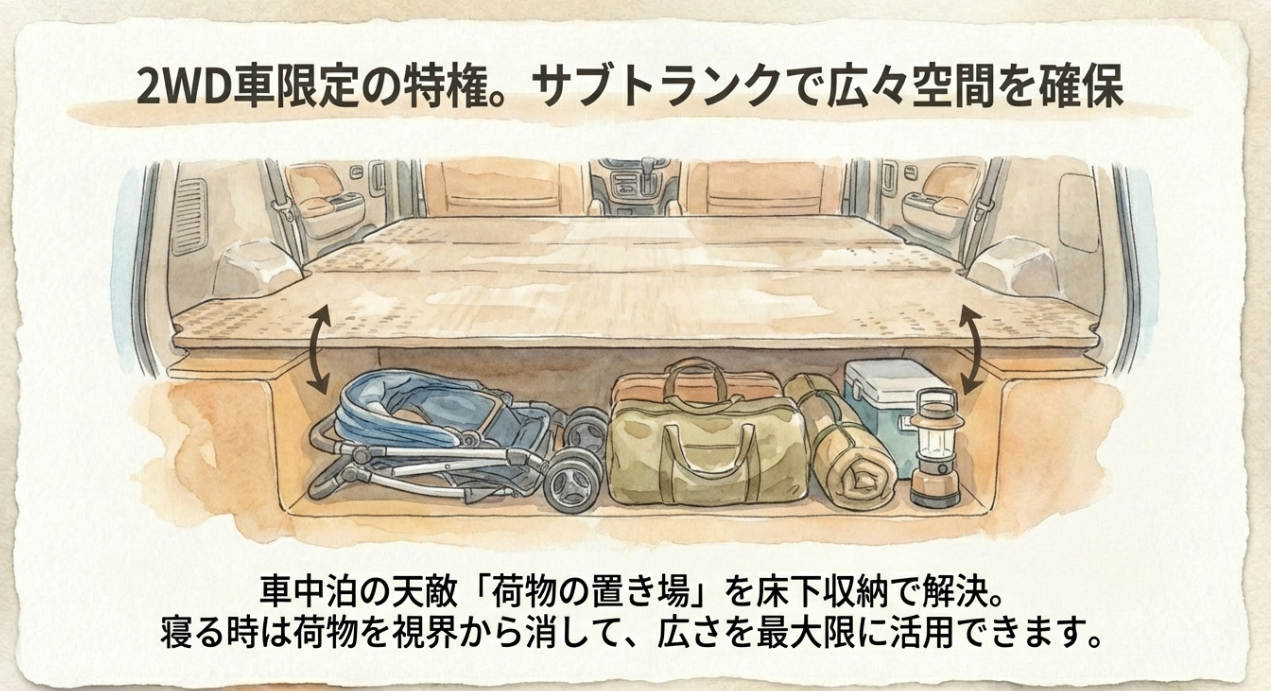 ソリオ2WD車限定のサブトランク活用術。床下収納にベビーカーや荷物を隠して広々とした室内を確保