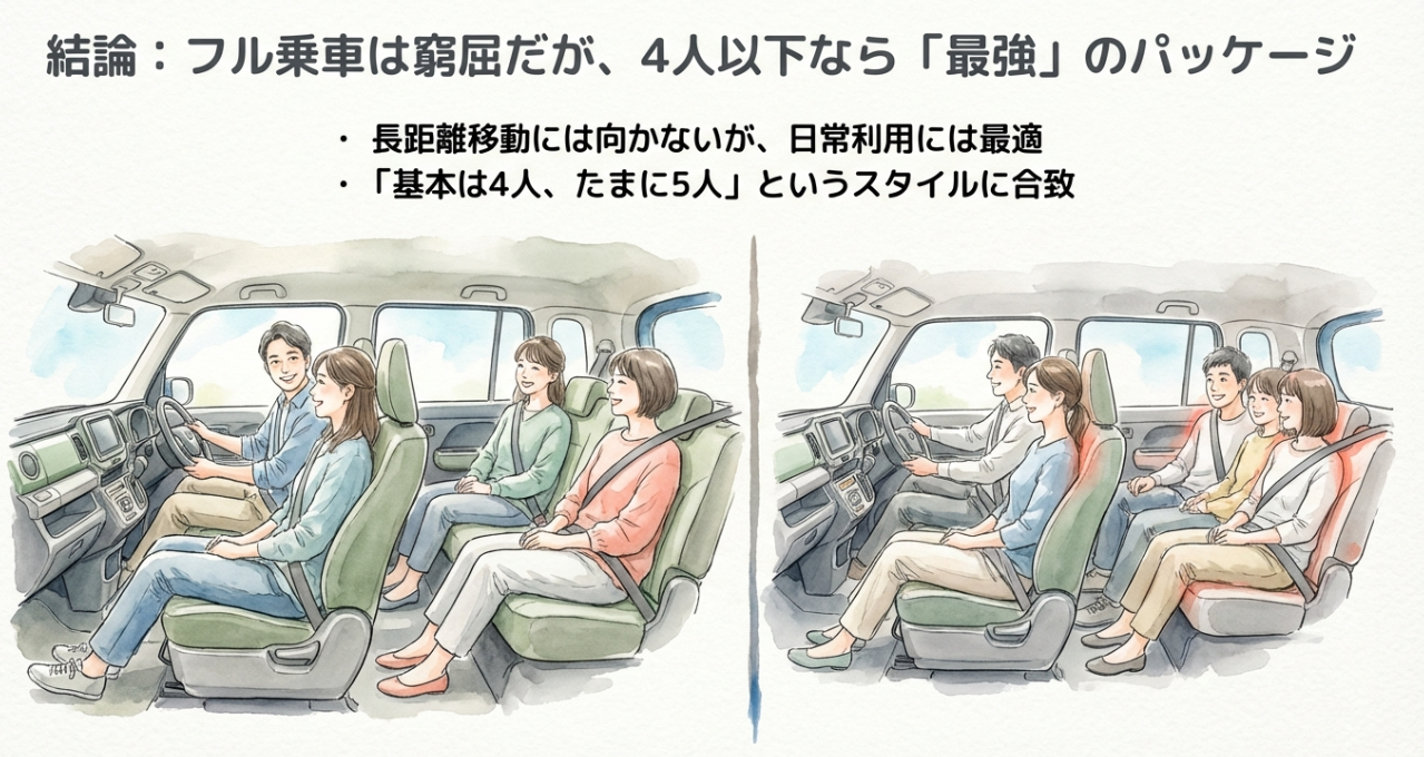 ソリオの乗車人数別イメージ。4人以下なら「最強」のパッケージだが、5人フル乗車は窮屈であることを示す比較図