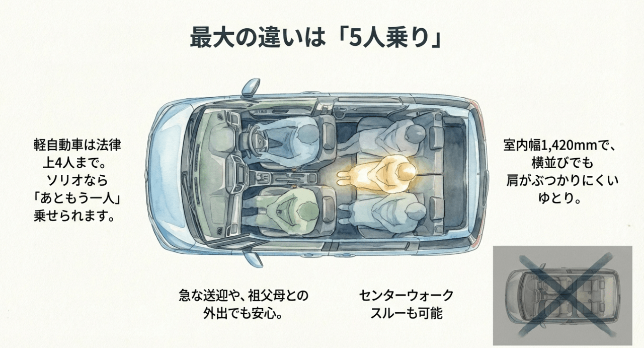 ソリオの5人乗りシートレイアウトと車内幅のゆとりを示すイラスト