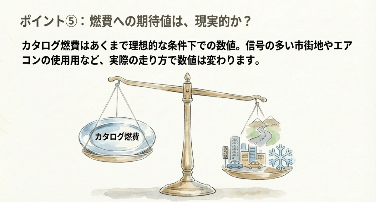 カタログ燃費と、市街地やエアコン使用時などの実燃費には差があることを天秤のイラストで表現した図解。