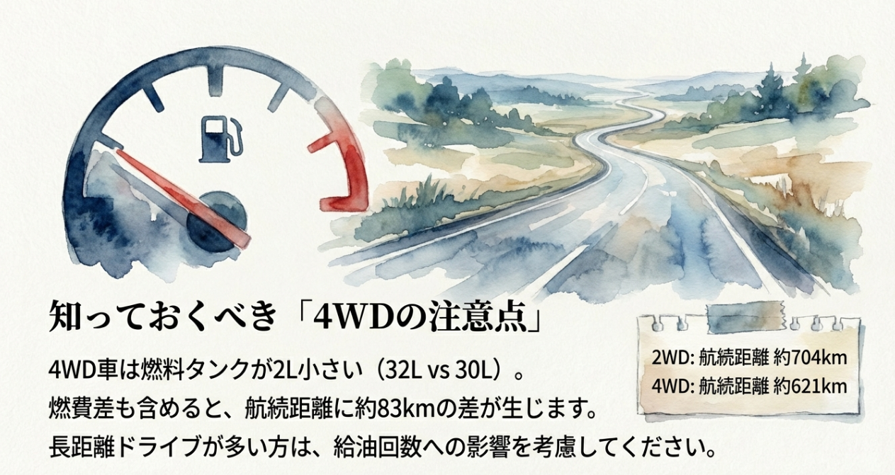 ソリオとバンディットの2WD車と4WD車における燃料タンク容量と航続距離の差を解説するスライド画像
