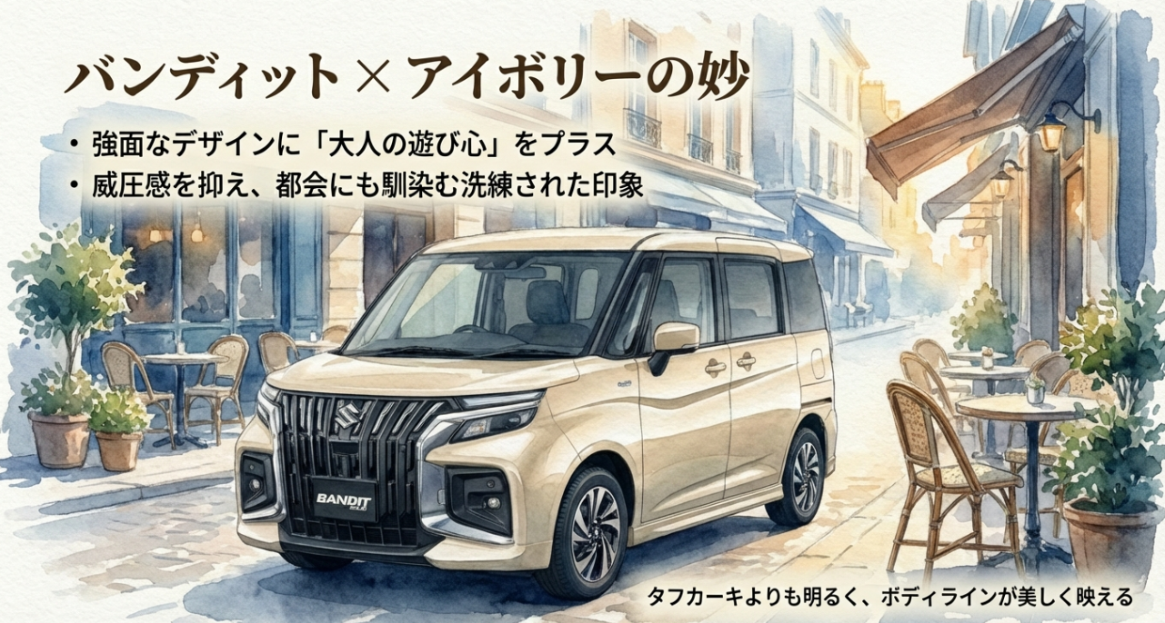 ソリオ バンディットの精悍なデザインにアイボリーを組み合わせることで、威圧感を抑えた大人の遊び心を演出できるメリットを紹介する資料