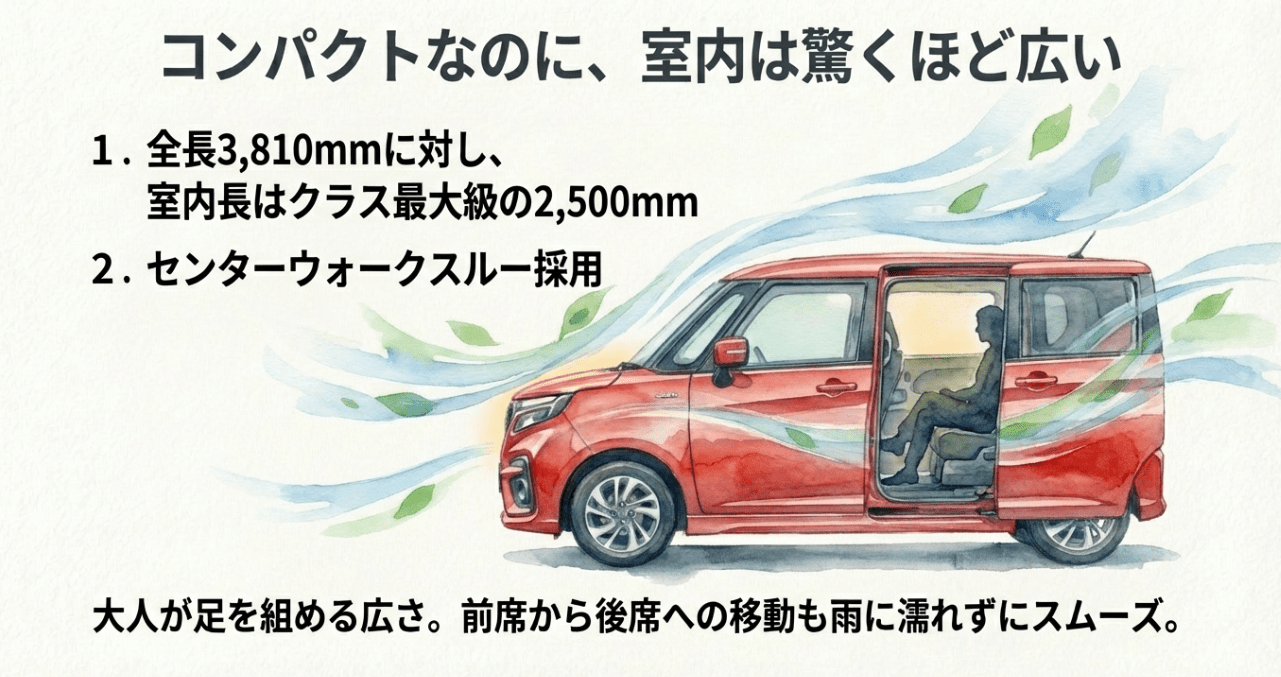 クラス最大級の室内長2500mmとセンターウォークスルーの利便性を解説するスライド