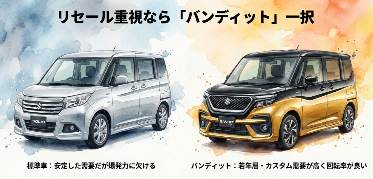 リセール重視ならソリオバンディット一択、若年層・カスタム需要による高い回転率