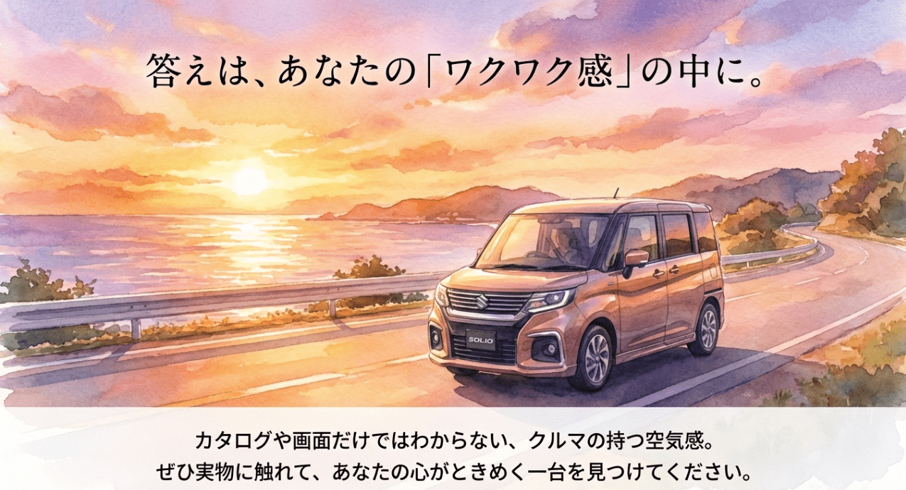 最終的には実車に触れて自分のワクワク感で選ぶことを提案するまとめのスライド