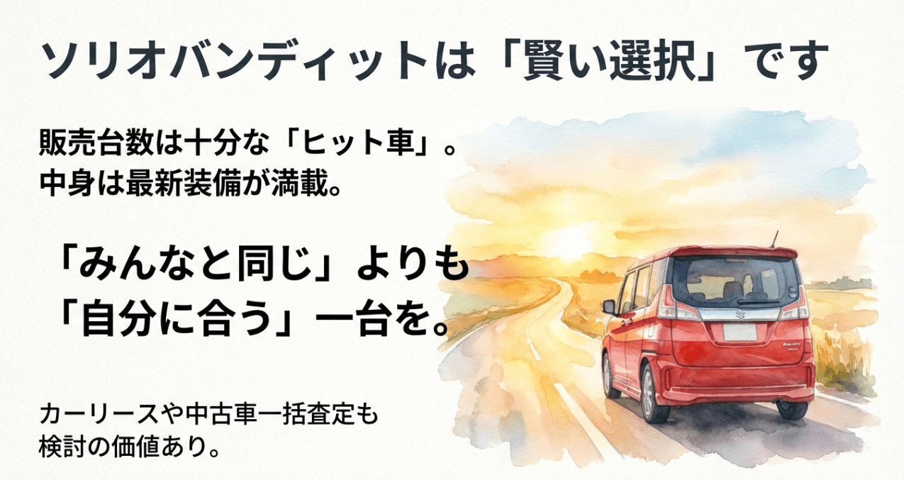 ソリオバンディットは中身が充実したヒット車であり、自分に合う「賢い選択」であることを伝えるまとめスライド