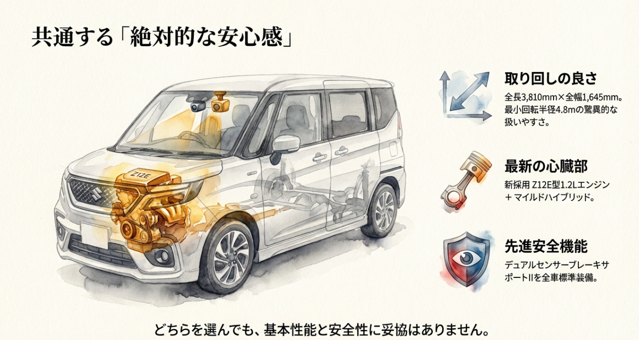 ソリオとバンディット共通のボディサイズ、最小回転半径、新採用Z12E型エンジン、先進安全機能を説明するスライド画像