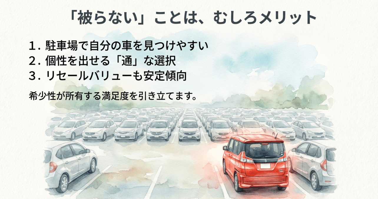 駐車場で見つけやすい、個性を出せるなど、他人と車が被らないことのメリットをまとめたスライド