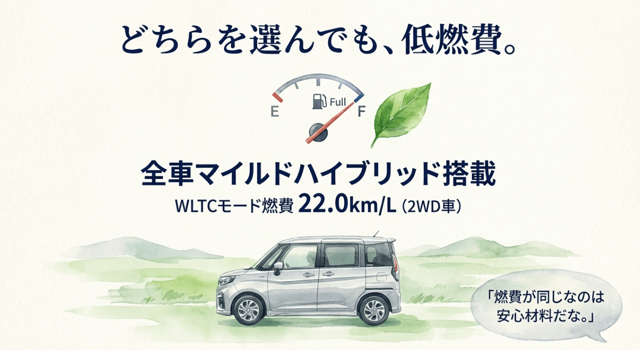全車マイルドハイブリッド搭載でWLTCモード燃費22.0km/Lを実現していることを示す燃費解説スライド