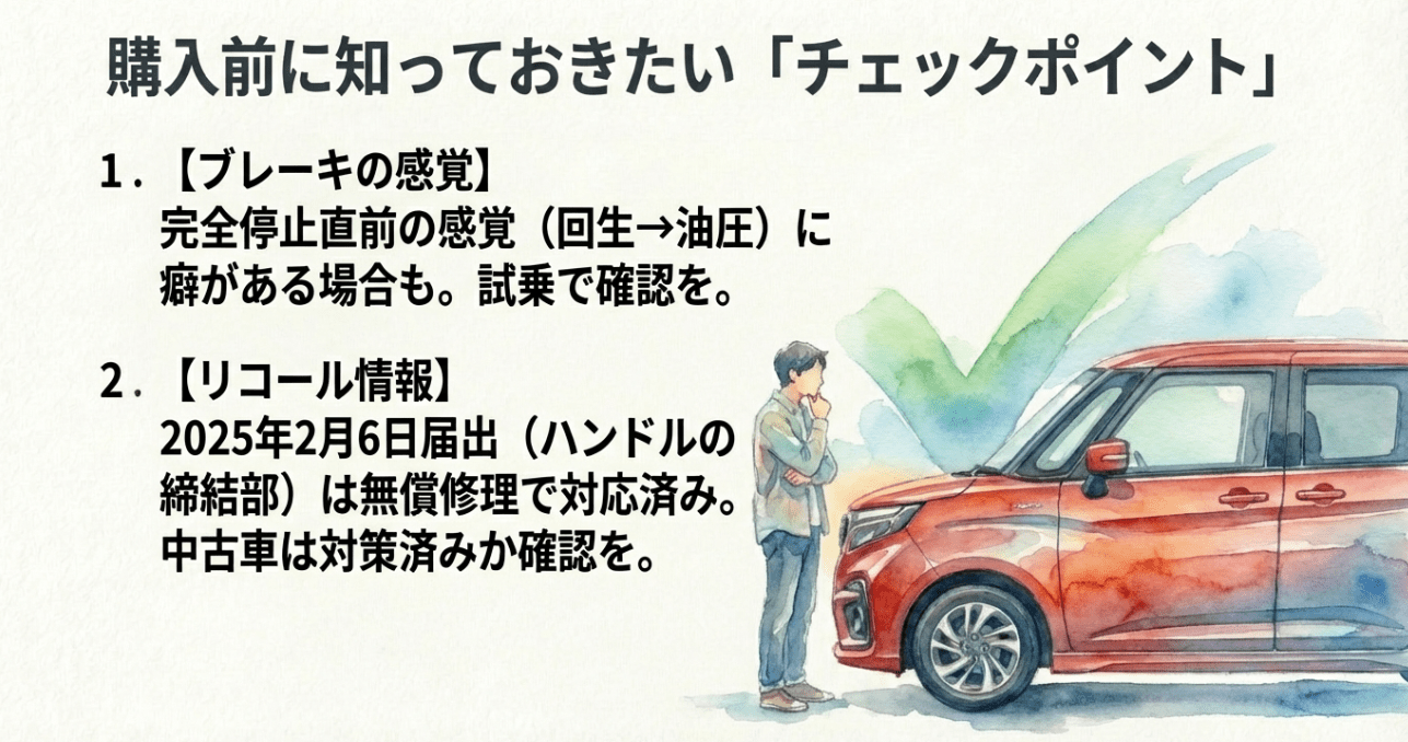 ブレーキの感覚やリコール情報など、購入前に確認すべきチェックポイントをまとめたスライド