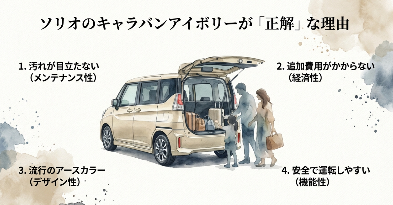 ソリオのキャラバンアイボリーが正解である4つの理由（メンテナンス性・経済性・デザイン性・機能性）をまとめた比較スライド