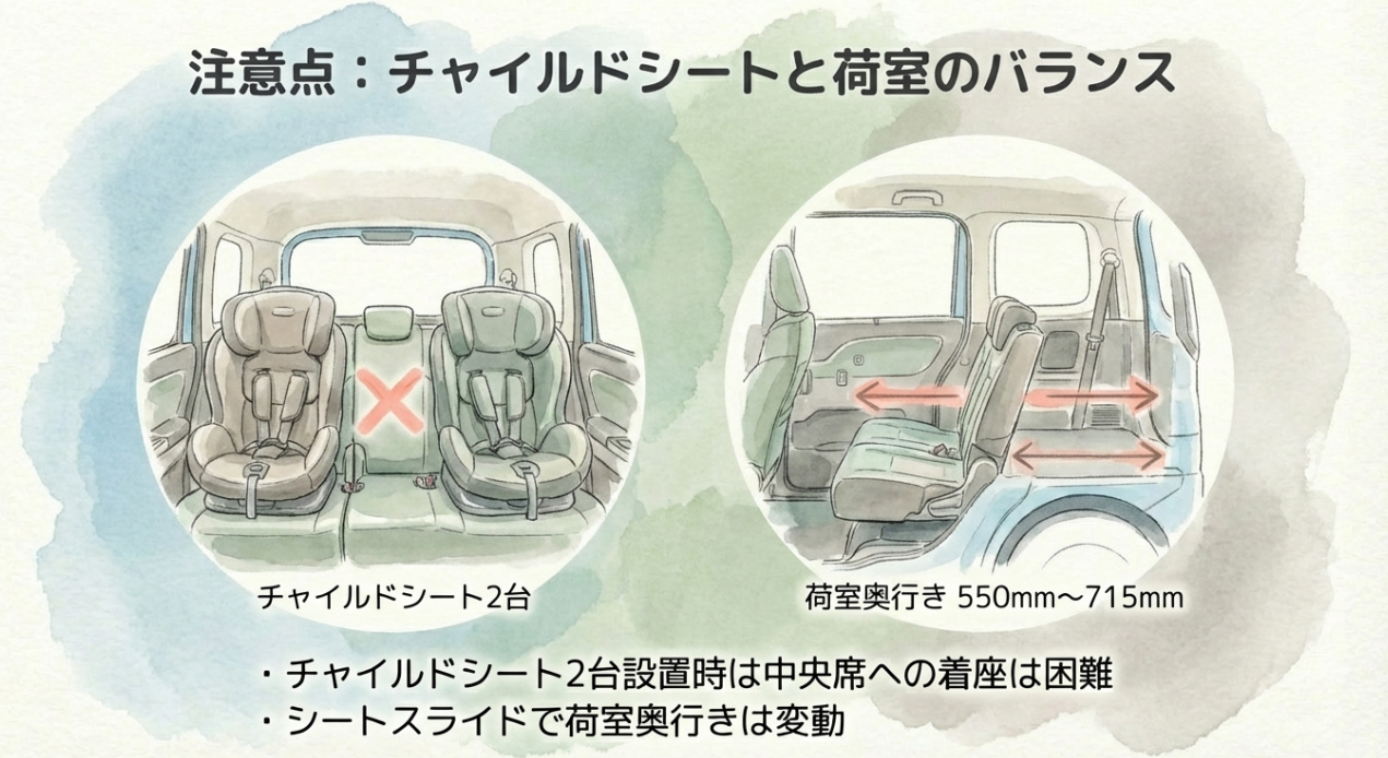 チャイルドシート2台設置時の後席中央の狭さと、シートスライドによる荷室奥行き（550mm〜715mm）の変化に関する注意点