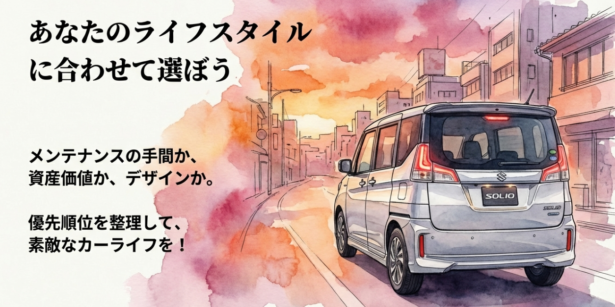 ライフスタイルに合わせた新型ソリオのカラー選びのまとめ。メンテナンス、資産価値、デザインの優先順位の整理