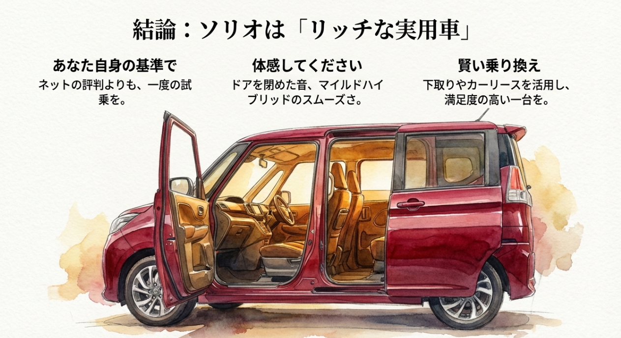 結論としてソリオは「リッチな実用車」であり、ネットの評判よりも試乗での体感と自分自身の基準を大切にすることを促すまとめのスライド。