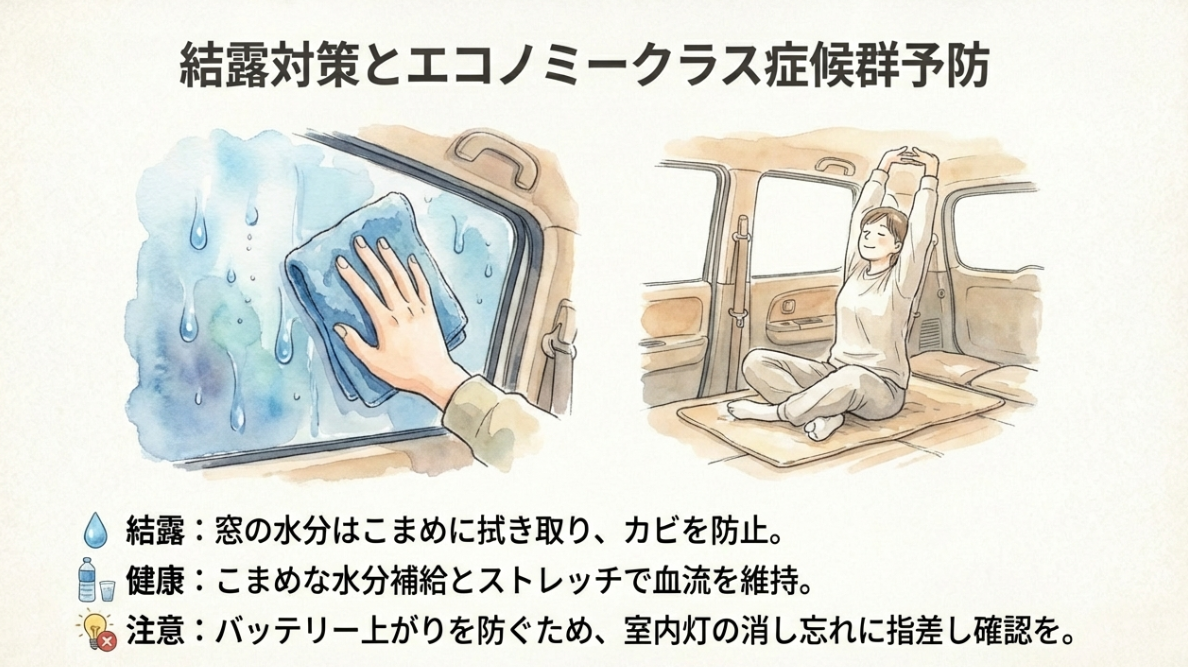 窓の結露を拭き取る様子と、車内でストレッチをして健康管理を行うイメージイラスト