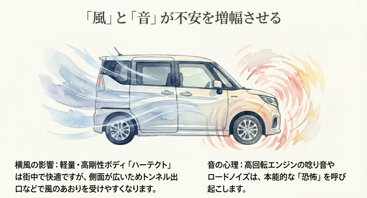 軽量高剛性ボディ「ハーテクト」が受ける横風の影響と、エンジン音が心理的不安を増幅させる仕組みの解説