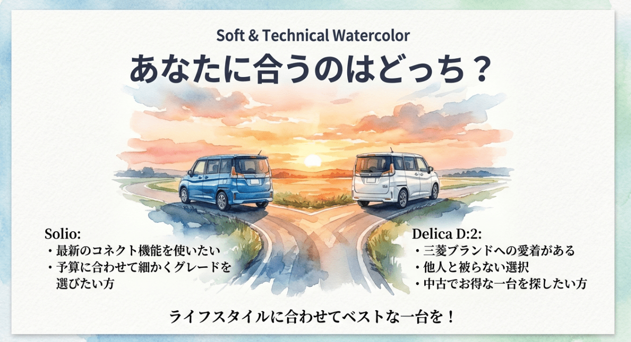 最新機能やグレード重視ならソリオ、ブランド愛着や中古のお得感ならデリカD:2という選び方のまとめスライド