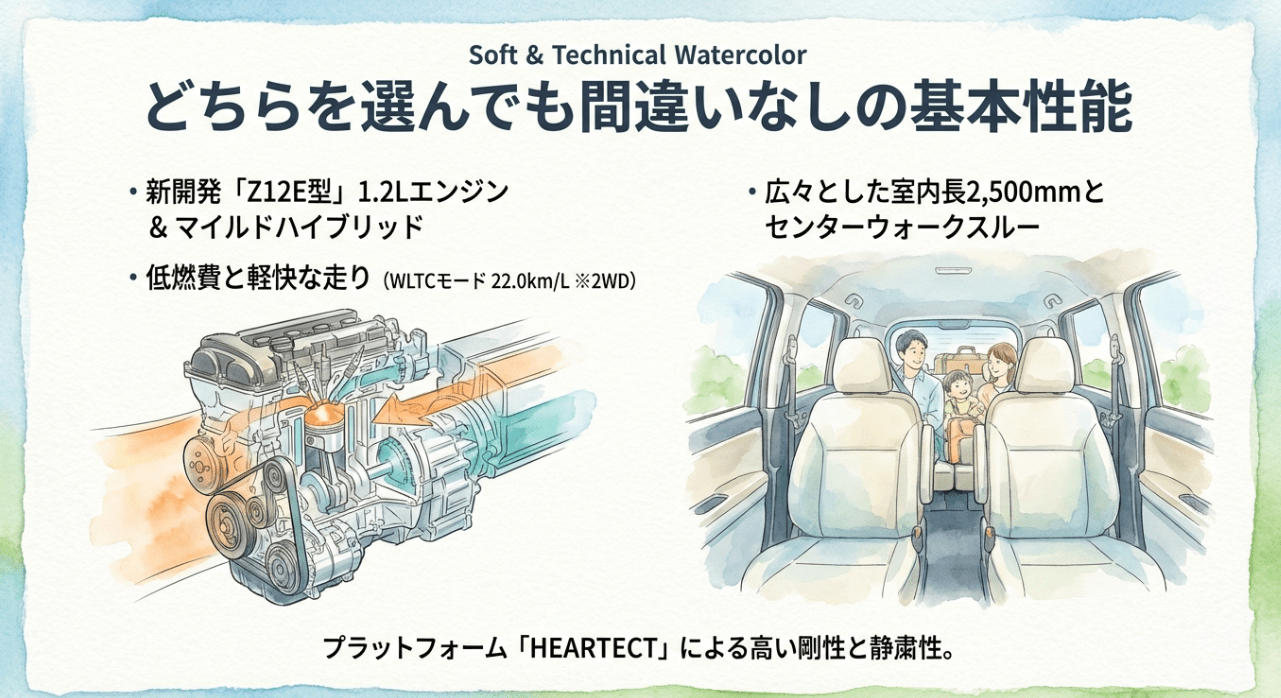 新開発Z12E型エンジンとマイルドハイブリッド、室内長2,500mmの広さを紹介する性能解説スライド