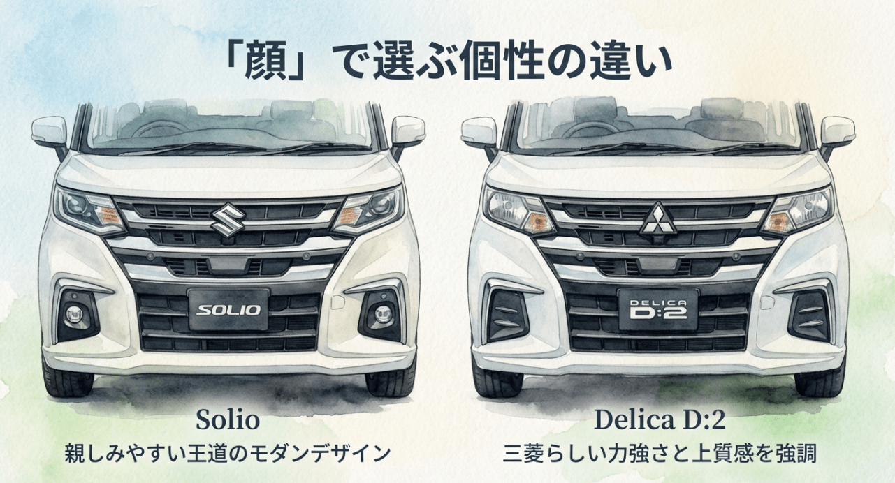ソリオの王道デザインとデリカD:2の力強さを強調したフロントデザイン(顔つき)の比較スライド