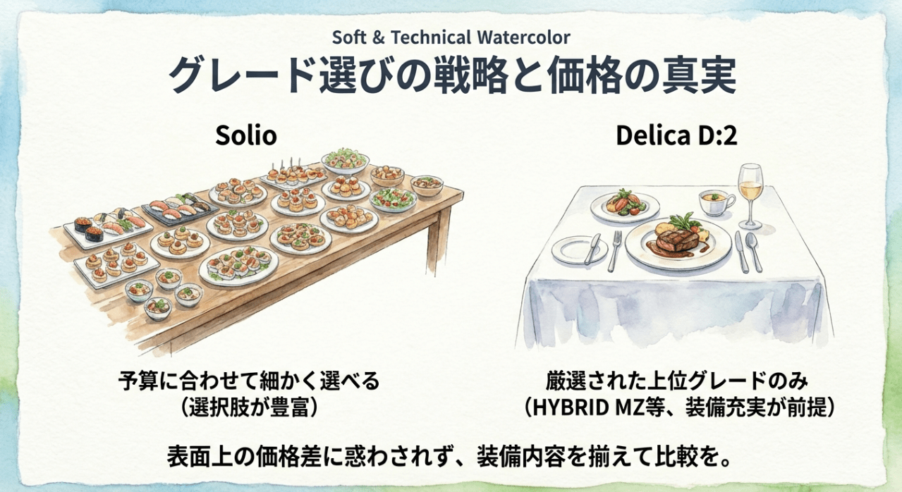 選択肢が豊富なソリオと、上位グレードに厳選されたデリカD:2のグレード戦略の違いを解説するスライド