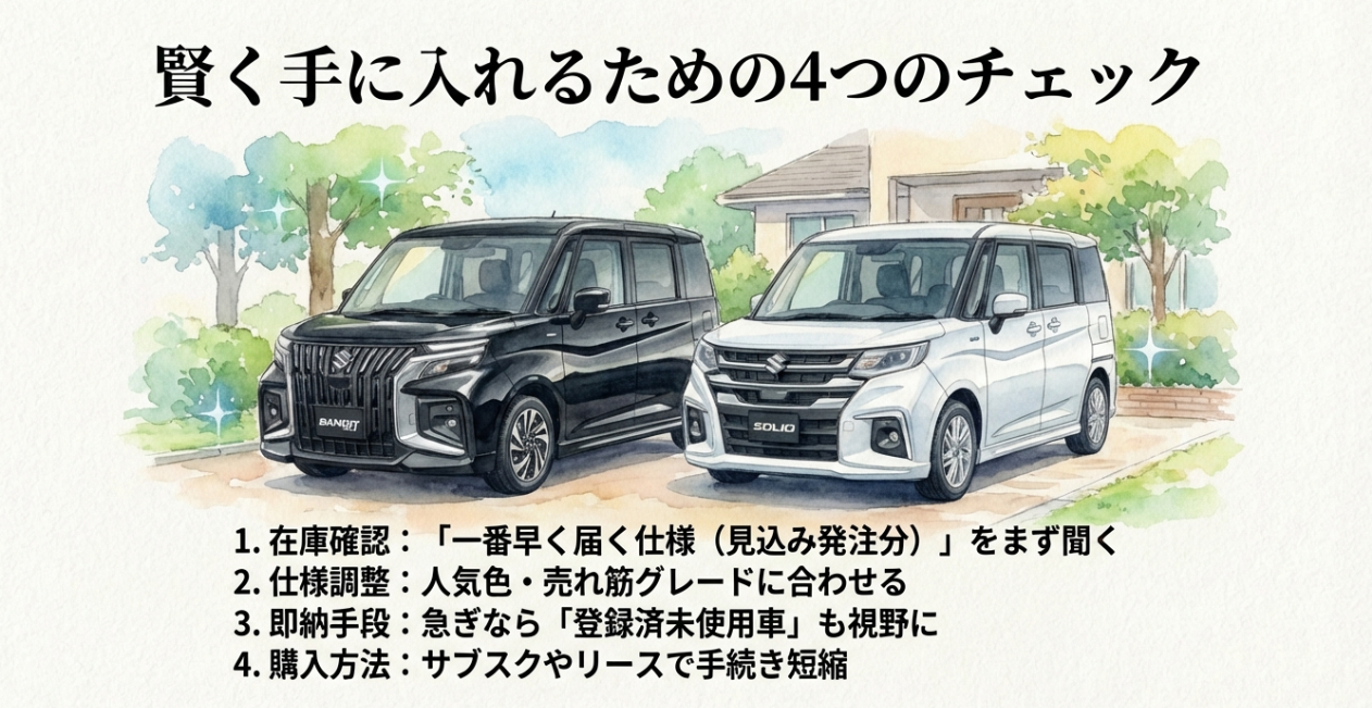 在庫確認、仕様調整、未使用車、サブスク活用など、ソリオを賢く最短で手に入れるための4つのチェックポイントまとめ