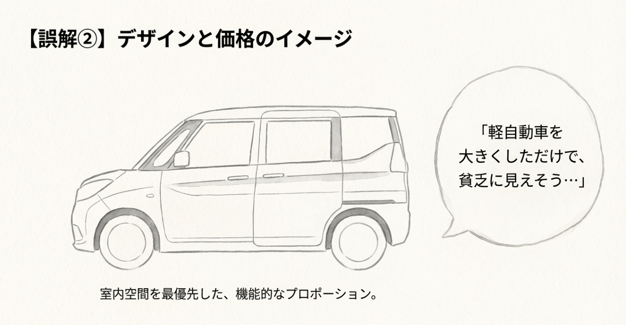 室内空間を最優先した機能的なプロポーションが、軽自動車を大きくしただけで貧乏そうに見えるという誤解を招いていることを示す図解。