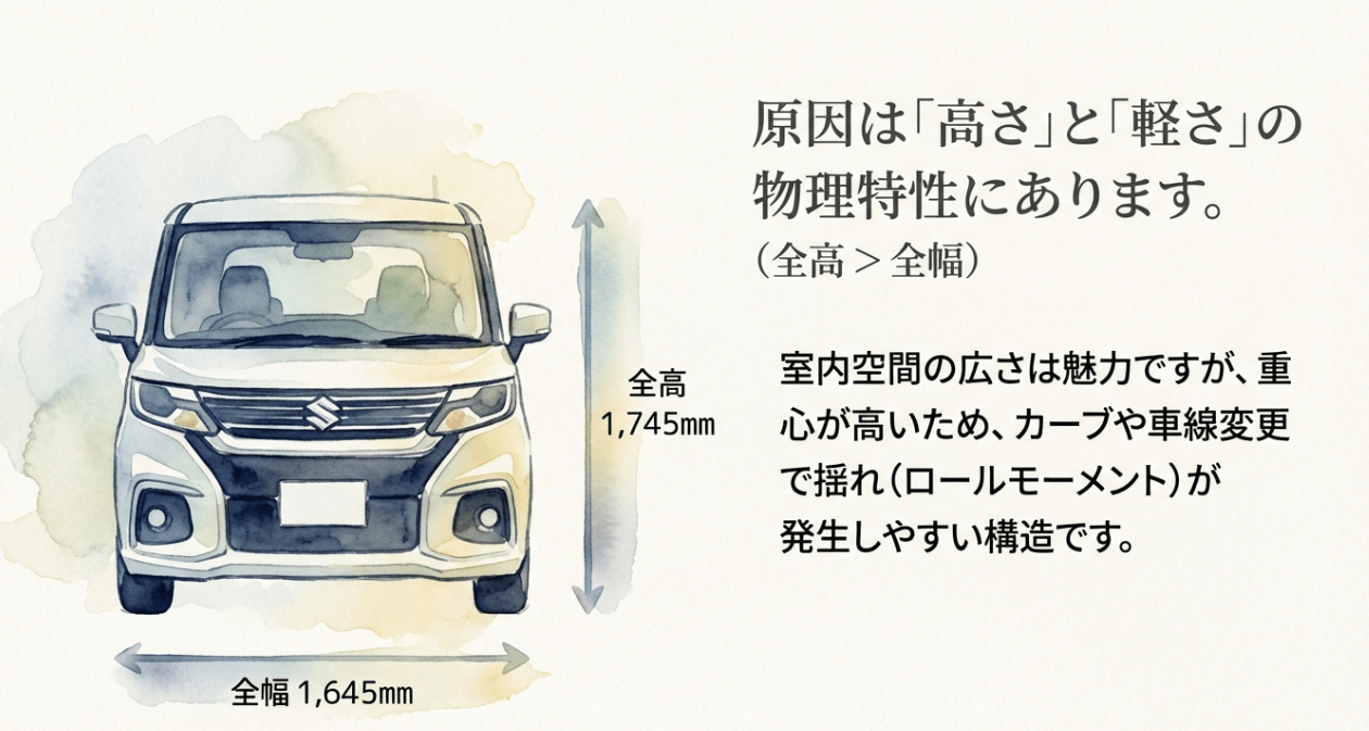 ソリオの全高1,745mm、全幅1,645mmというサイズ比率と、重心の高さによるロールモーメント発生の図解