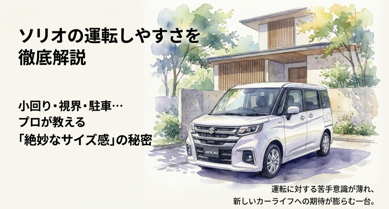 ソリオの運転しやすさを徹底解説するスライドの表紙。小回り・視界・駐車のポイントをプロが解説