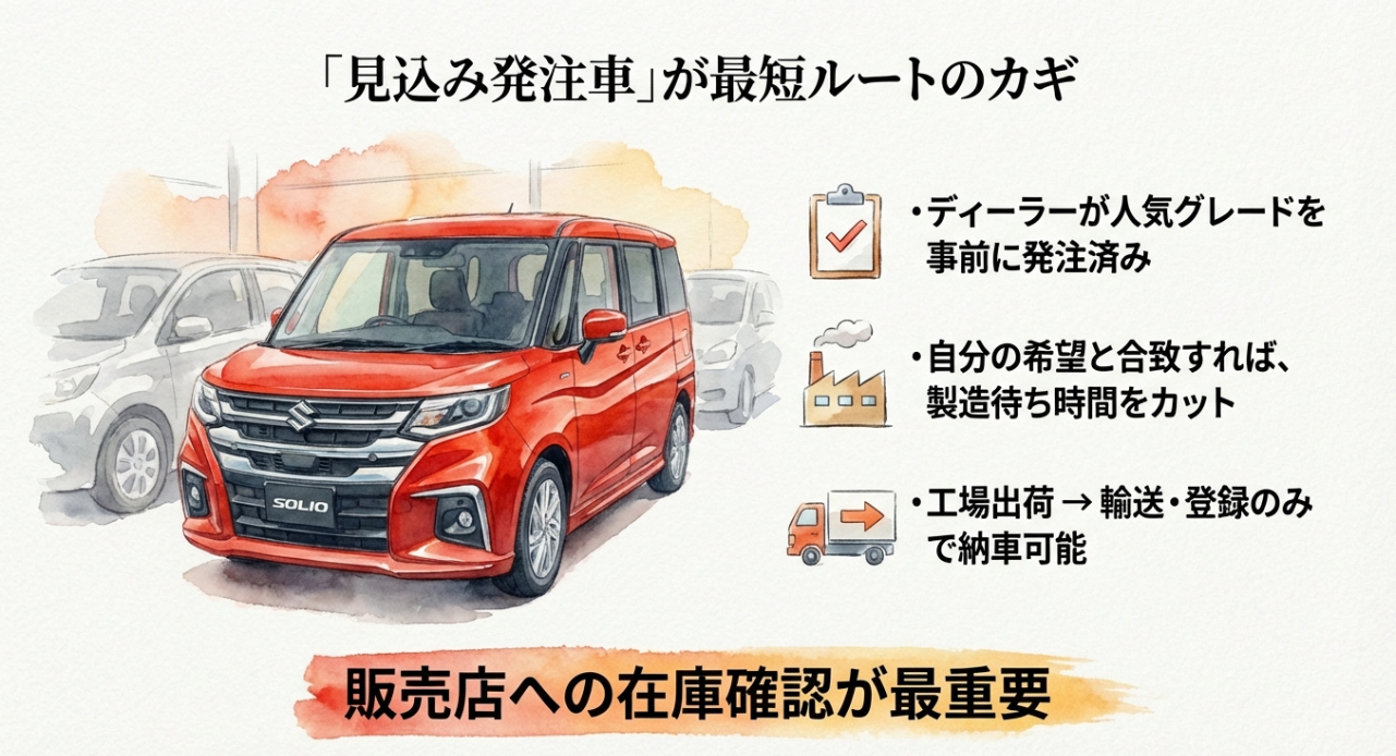 ディーラーが事前に発注している「見込み発注車」を活用することで、製造待ち時間をカットし納期を短縮する仕組みの解説図