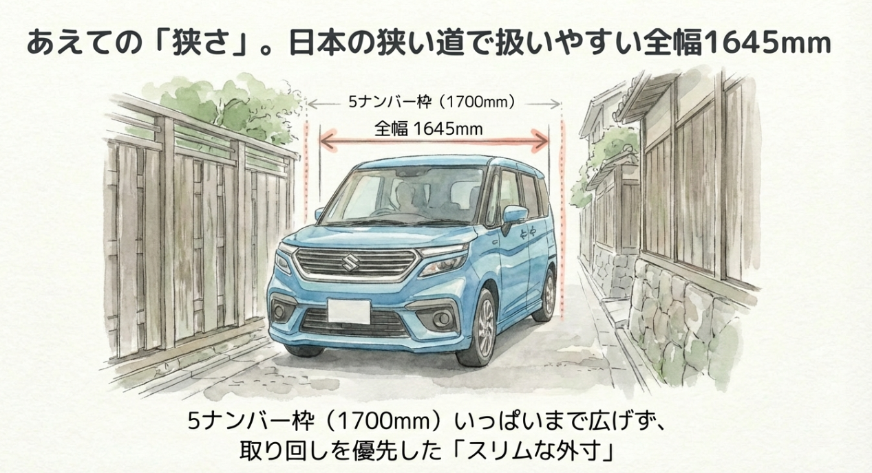 日本の狭い道での取り回しを優先し、5ナンバー枠いっぱいに広げず全幅1645mmに設計されたソリオの外寸解説