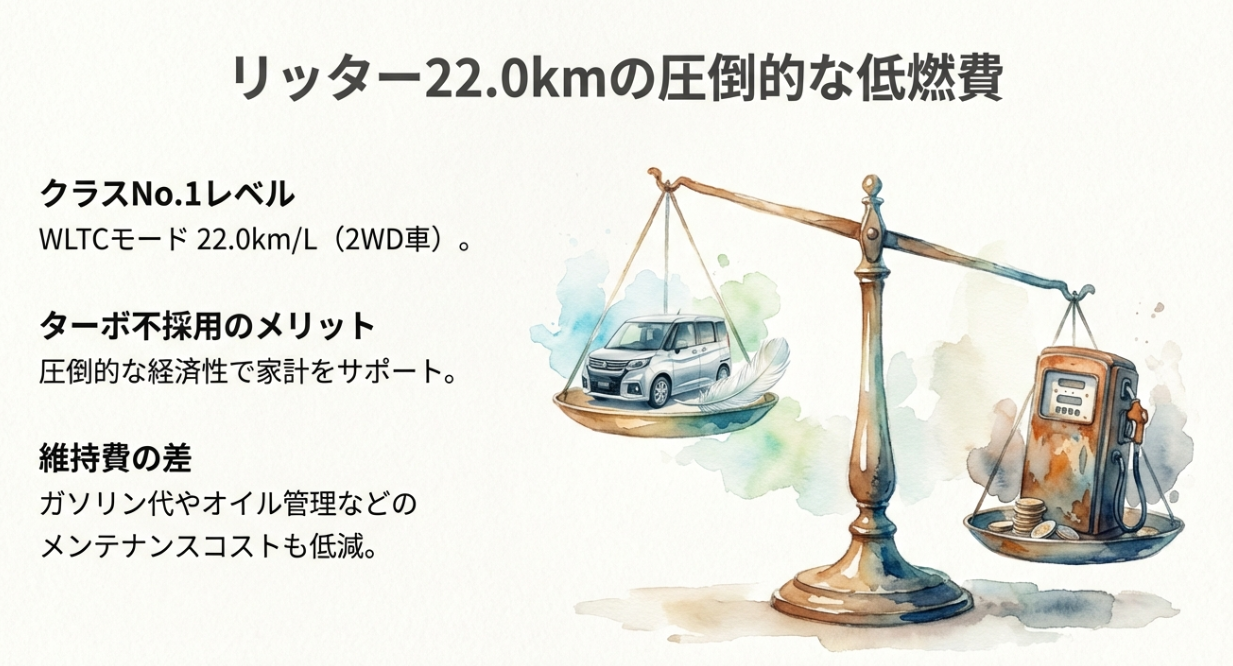 WLTCモード22.0km/Lの低燃費とターボ不採用による維持費・メンテナンスコスト低減のメリット