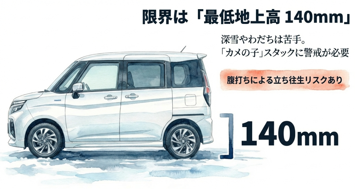 ソリオの最低地上高140mmによる深雪やわだちでのカメの子スタックのリスク解説