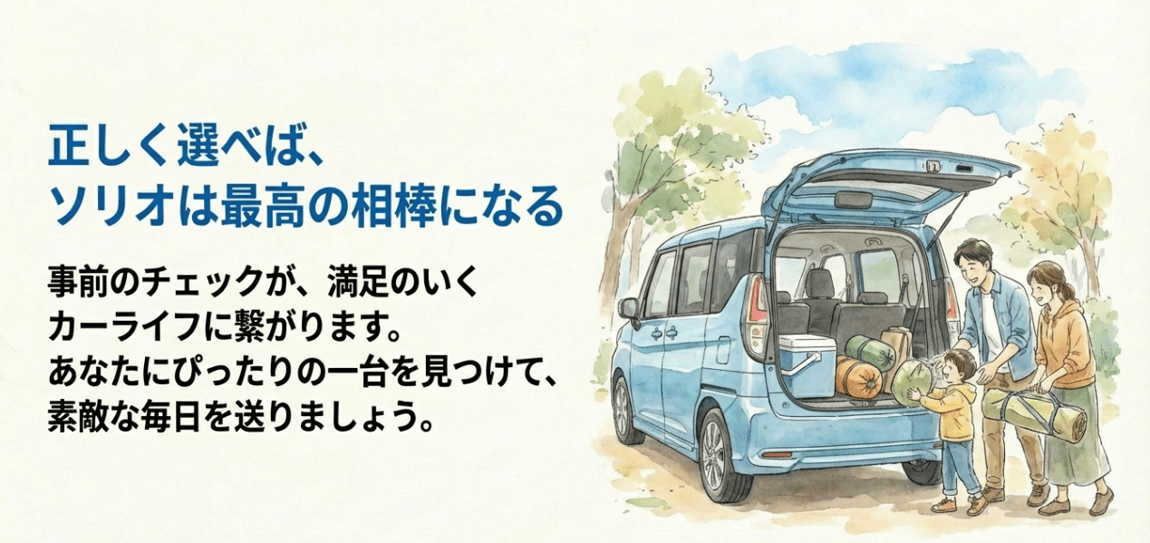 キャンプ道具を積み込み、笑顔でソリオを囲む家族のイラスト。納得のいく車選びの成功を願う締めくくりのスライド。