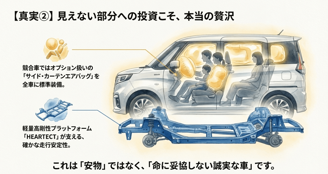 軽量高剛性プラットフォーム「HEARTECT（ハーテクト）」と、全車標準装備のサイド・カーテンエアバッグの図解。命に妥協しない誠実な車作りを解説。
