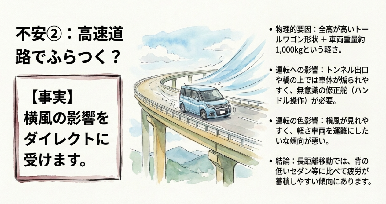 ソリオの全高の高さと車両重量の軽さが高速道路での横風に与える影響を解説するスライド
