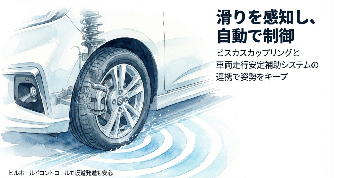 ヒルホールドコントロールとESP、ビスカスカップリングの連携による安定走行の仕組み