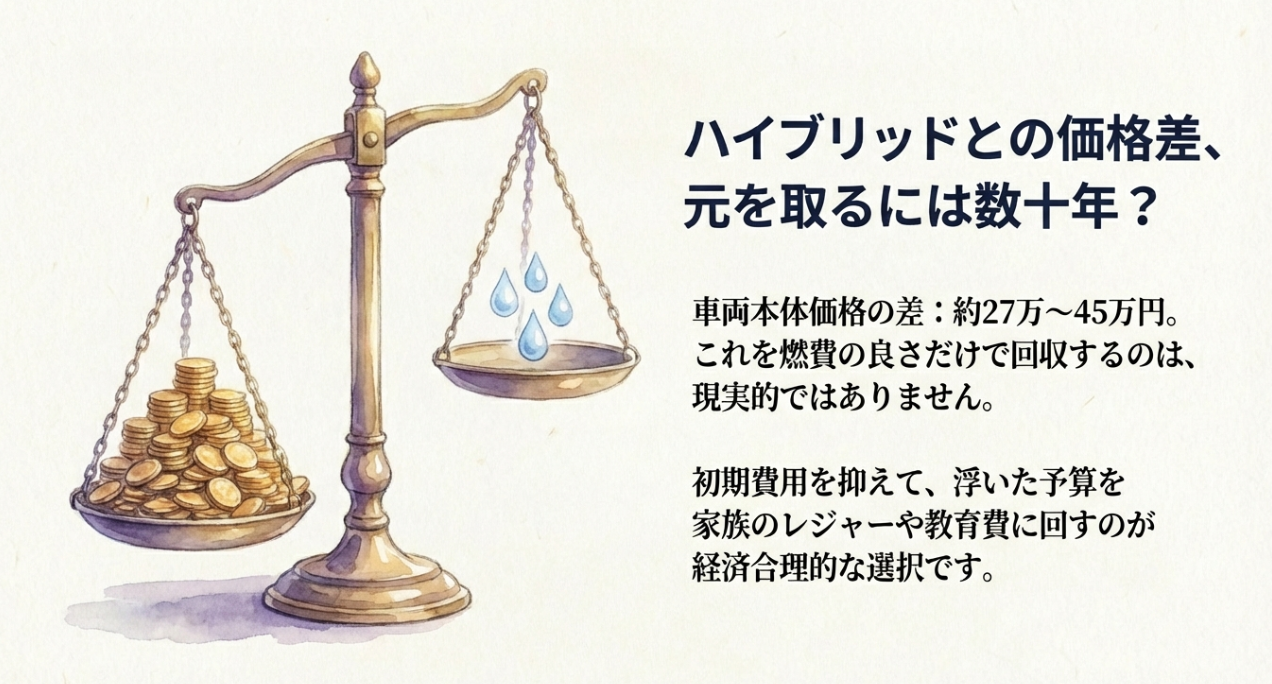 ハイブリッドとの車両本体価格の差は約27万〜45万円。燃費の良さだけで回収するのは現実的ではなく、初期費用を抑えるのが経済合理的な選択です。