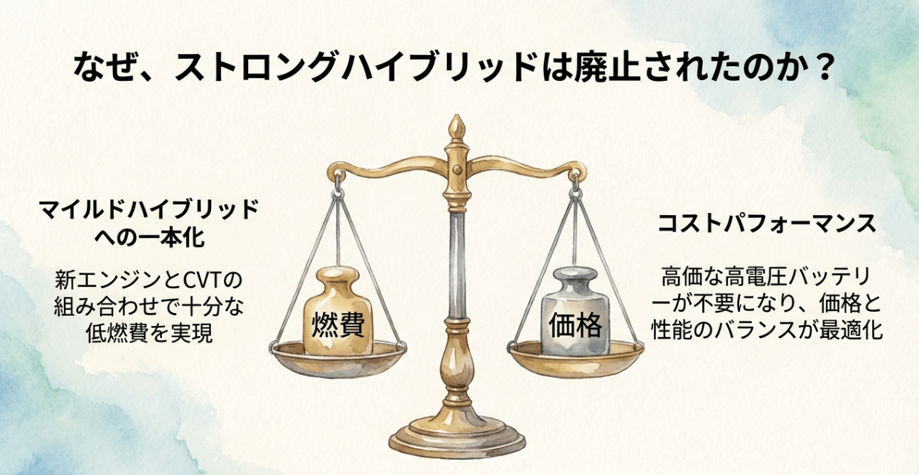 ストロングハイブリッド廃止の理由。新エンジンとCVTの組み合わせにより、高価なバッテリーなしで価格と燃費のバランスを最適化した解説図