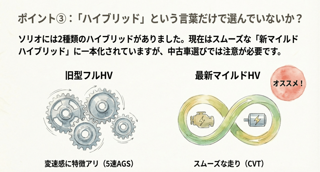 ソリオの旧型フルハイブリッド（5速AGS）と最新マイルドハイブリッド（CVT）の走りのスムーズさの違いを比較した表。