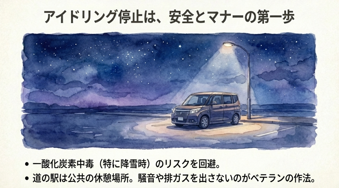 夜の道の駅でアイドリングを停止し、マナーを守って安全に休息をとるソリオの外観イメージ